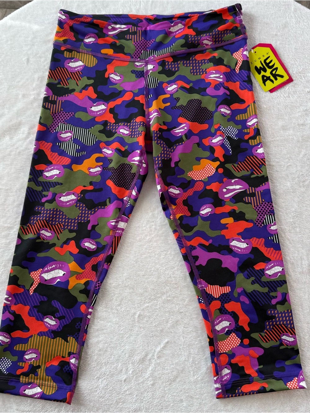 Zumba Fitness Purple, Orange & Green Camo Capri Leggings with Lip Print